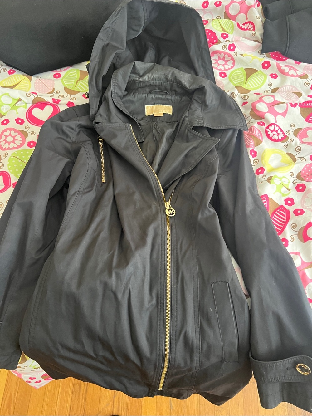 MICHAEL Michael Kors Black Hooded Zip Jacket with Gold Hardware